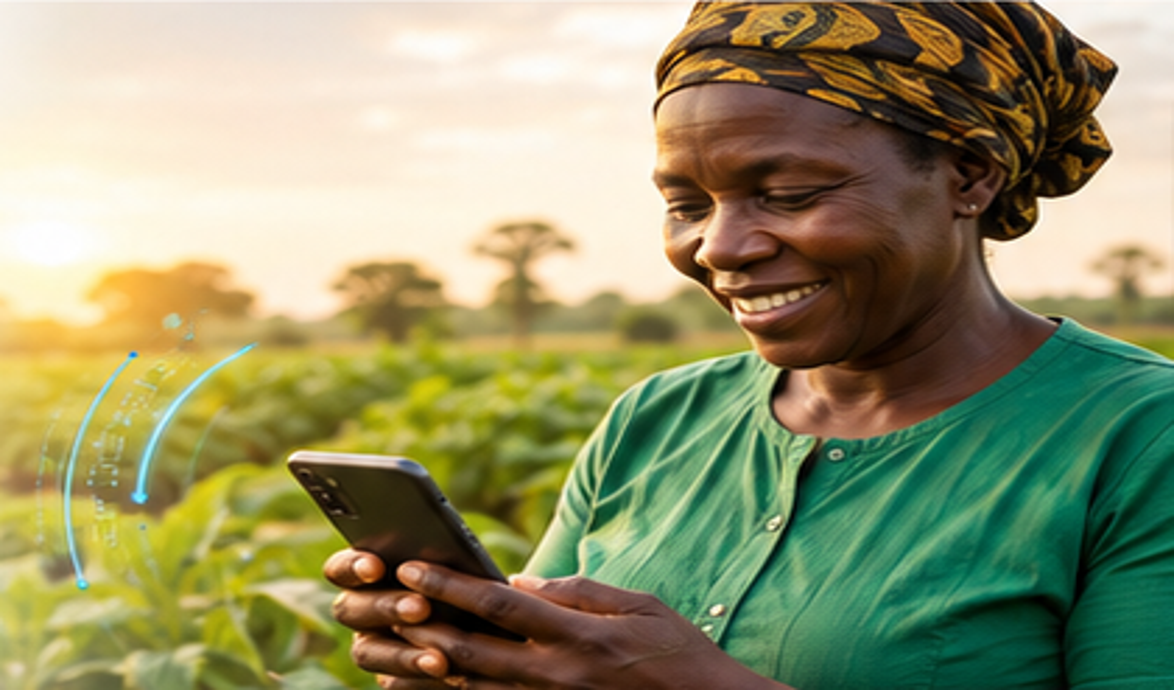 Illustration d’une agricultrice consultant son téléphone dans un champ